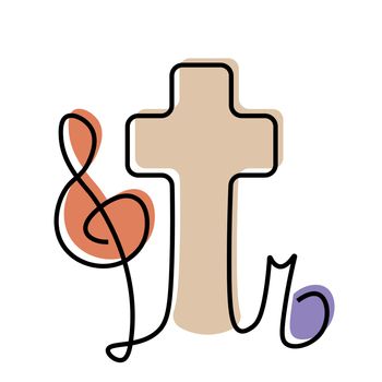 Cross and music note and treble clef in linear in color