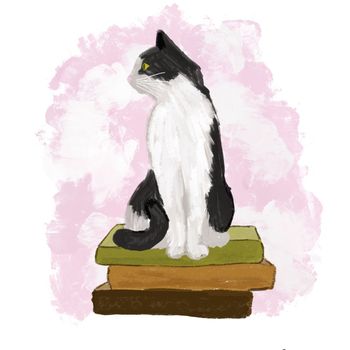 Hand drawn illustration of black white cat sitting on books. Poster for reading lover library design, cute domestic animal feline pet on pastel pink background, trendy graphic print.