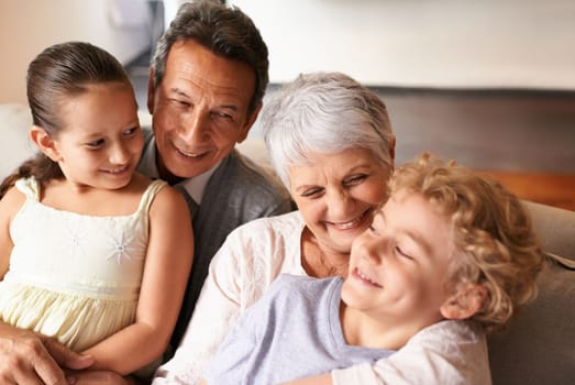 Grandparents are the best. grandparents and their two grandchildren spending time together.