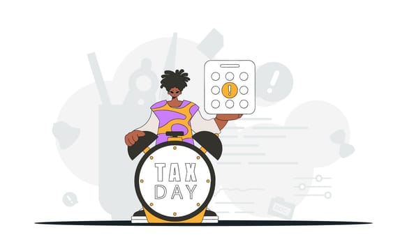 Gorgeous man with a calendar and an alarm clock. Graphic illustration on the theme of tax payments.