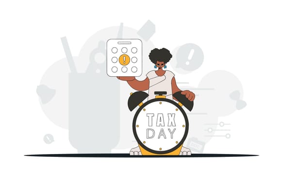 Gorgeous woman with calendar and alarm clock. Graphic illustration on the theme of tax payments.