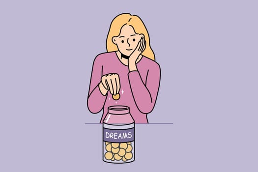 WebSmiling woman gather coins in jar for dreams