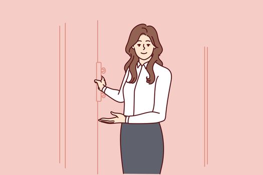 Hospitable woman secretary opens door invites visitors to come into office. Vector image