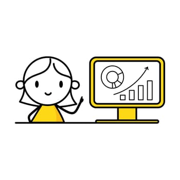 Woman analyzes chart and graph data, working with data visualization on computer. Digital data analysis concept. Vector stock illustration