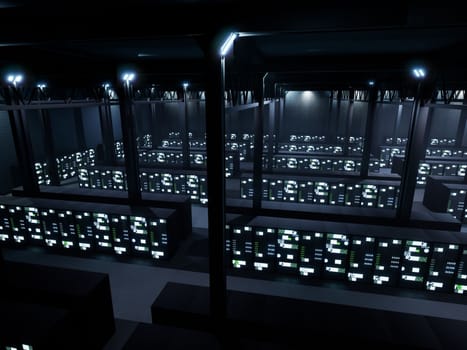 Professional technology database server room, big data system connection in render farm. Professional data center workplace with multiple rows of storage racks and cabinets, networking.