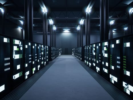 Data center space with multiple rows of server racks