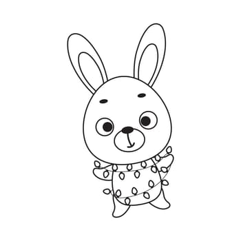 Coloring page cute Christmas hare with garland. Coloring book for kids. Educational activity for preschool years kids and toddlers with cute animal. Vector stock illustration