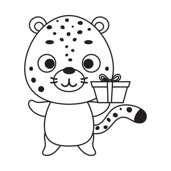 Coloring page cute little cheetah with gift box. Coloring book for kids. Educational activity for preschool years kids and toddlers with cute animal. Vector stock illustration
