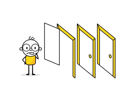 Man has been able to open a door but the next doors are closed. Career path concept. Vector stock illustration