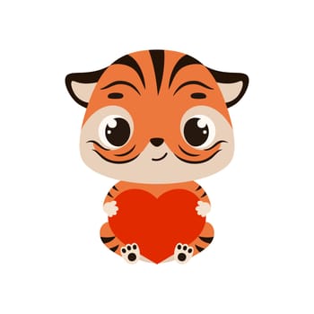 Cute little sitting tiger holds heart. Cartoon animal character for kids cards, baby shower, invitation, poster, t-shirt composition, house interior. Vector stock illustrationCute little sitting tiger holds heart. Cartoon animal character for kids cards, baby shower, invitation, poster, t-shirt composition, house interior. Vector stock illustration