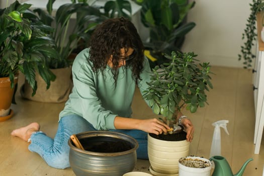 Smiling young woman and pot with plant happy work in indoor garden or cozy home office with different houseplants. Happy millennial female gardener or florist take care of domestic flower