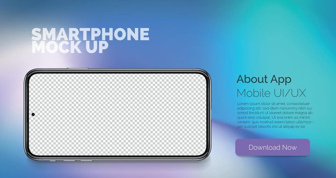 Cellphone horizontal mockup with blank display on abstract background. Vector smart phone concept on blue background. Realistic smartphone template.
