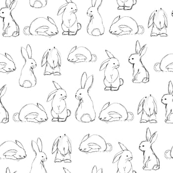 Year of the rabbit seamless pattern. Painted rabbits on a white background. Vector endless ornament. Cute bunnies for children s room and textiles. Baby animals. Forest dwellers