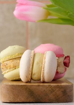 Baked macarons with different flavors on the table, dessert