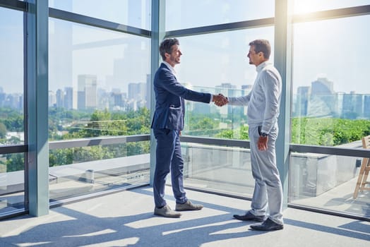 Striking big deals together. two businessmen shaking hands in an office.