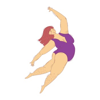 Happy plus size overweight woman in dancing, loves herself and is happy in her body