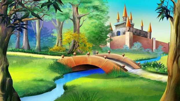 Fairy tale castle near the river illustration