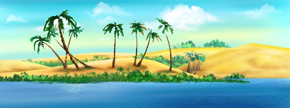 Palm trees on a river bank illustration