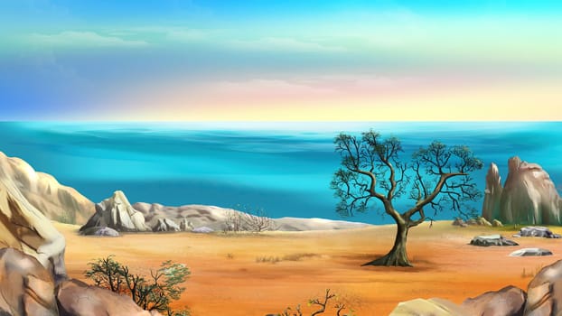 Rocky Shore with Lonely Tree illustration