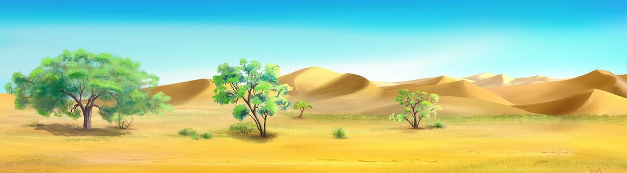 Trees on the edge of the desert illustration