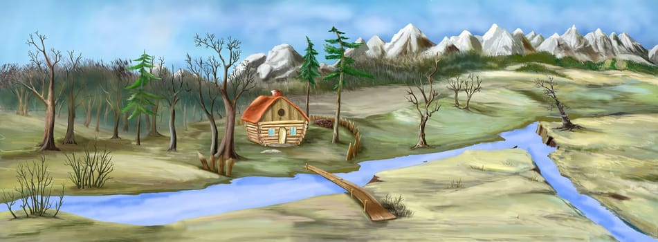 Small house near the river on an autumn day. Digital Painting Background, Illustration.
