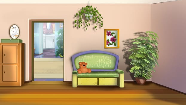 Interior of the apartment, children's room. Digital Painting Background, Illustration.