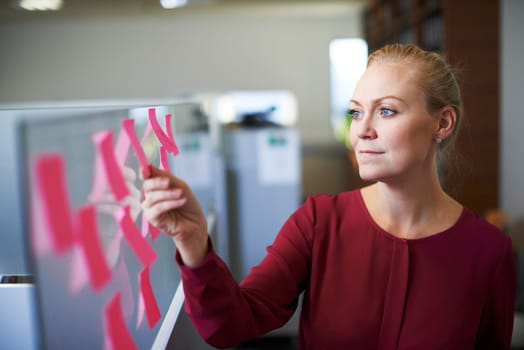 Whats on the agenda today. an attractive businesswoman checking the tasks on the sticky note board.