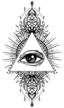 Blackwork tattoo flash. Eye of Providence. Masonic symbol. All seeing eye inside triangle pyramid. Sacred geometry, religion, spirituality, occultism. Isolated vector illustration.