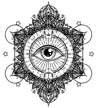 Blackwork tattoo flash. Eye of Providence. Masonic symbol. All seeing eye inside triangle pyramid. Sacred geometry, religion, spirituality, occultism. Isolated vector illustration.