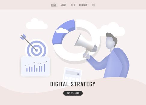 Digital Strategy - businessman holding megaphone symbolizing e-commerce marketing promotion strategy, aiming for target online sales success through effective communication and promotion