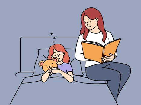 Loving young mother sit in bed reading book to sleepy daughter. Caring mom make little girl child to sleep with fairytale. Motherhood. Vector illustration.