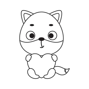 Coloring page cute little fox holds heart. Coloring book for kids. Educational activity for preschool years kids and toddlers with cute animal. Vector stock illustration
