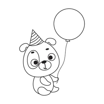 Coloring page cute little dog in birthday hat hold balloon. Coloring book for kids. Edudogional activity for preschool years kids and toddlers with cute animal. Vector stock illustration