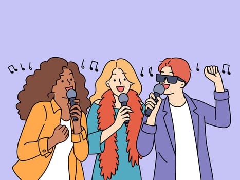 Overjoyed young multiracial people have fun singing together in karaoke. Smiling interracial friends enjoy weekend having party celebration. Vector illustration.