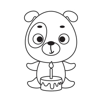 Coloring page cute little dog with birthday cake. Coloring book for kids. Edudogional activity for preschool years kids and toddlers with cute animal. Vector stock illustration