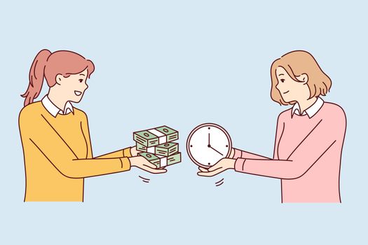 Two women exchange wads of money and watches, symbolizing purchase of free time. Vector image