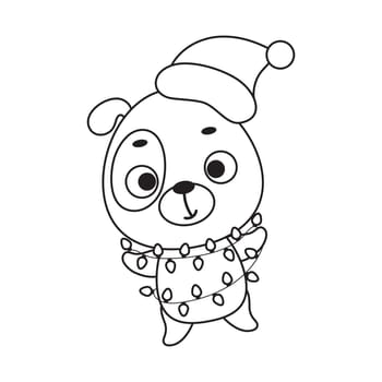 Coloring page cute Christmas dog with garland. Coloring book for kids. Edudogional activity for preschool years kids and toddlers with cute animal. Vector stock illustration