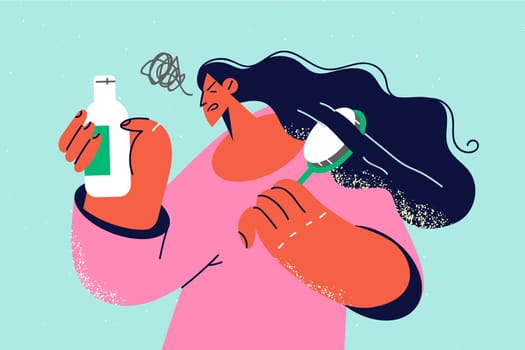 Unhappy woman dissatisfied with bad quality beauty product brushing hair in bathroom. Upset female look at shampoo or conditioner bottle dislike results. Vector illustration.
