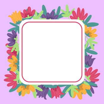 Purple Colored Square Shape Text Frame Surrounded With Assorted Flowers Hearts And Leaves. Framework For Writing Ringed With Different Daisies, Hearts And Tree Leaves.