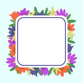 Light Blue Frame Decorated With Colorful Flowers And Foliage Arranged Harmoniously. Empty Poster Border Surrounded By Multicolored Bouquet Organized Pleasantly.
