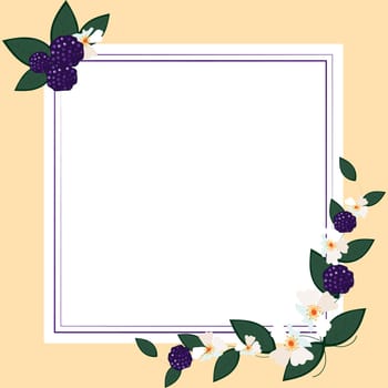 Text Frame Surrounded With Assorted Flowers Hearts And Leaves. Framework For Writing Ringed With Different Daisies, Hearts And Tree Leaves. Yellow color. Square shape.