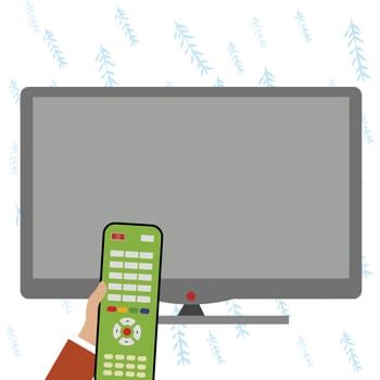Illustration with TV and hand holding remote control. Important information on screen. Monitor contains Main message. Display on Bright colored background.