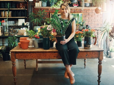 I care for my plants as if theyre children. Full length portrait of an attractive young business owner sitting alone in her floristry and holding a pot plant.