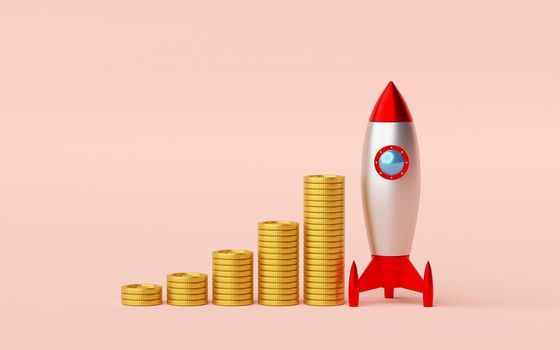 Business start-up concept, Stack of golden coin with rocket, 3d rendering