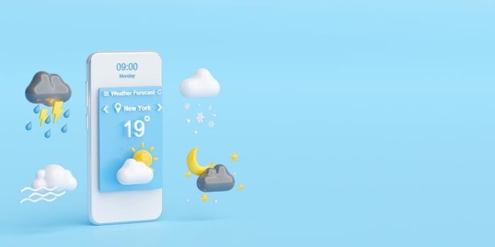 Weather Forecast Concept, Smartphone displays weather forecast application widget, icons, symbols, 3d illustration