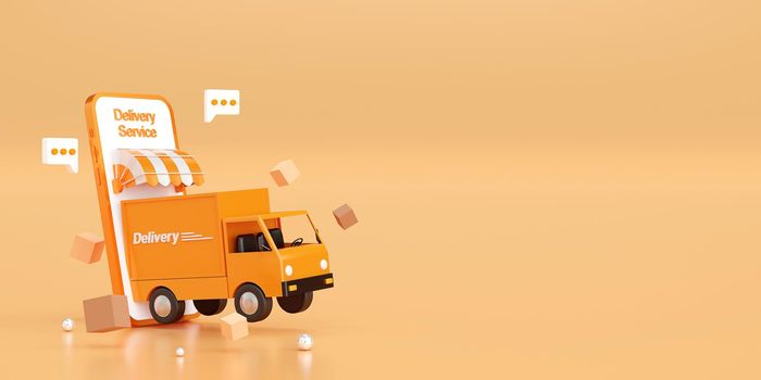 Delivery service on mobile application, Transportation delivery by truck, 3d illustration