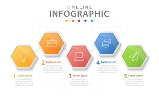Infographic template for business. 5 Steps Modern Timeline diagram with hexagons, presentation vector infographic.