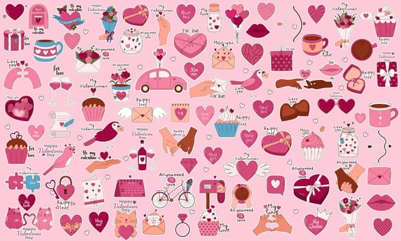 Valentine's Day Hand drawn elements for posters, greeting cards, banners and invitations. Big sticker set of heart, sweets, coffee, cupcake, key, candy, letter, diamond, flower, gift, balloon, kiss, and others cute items.