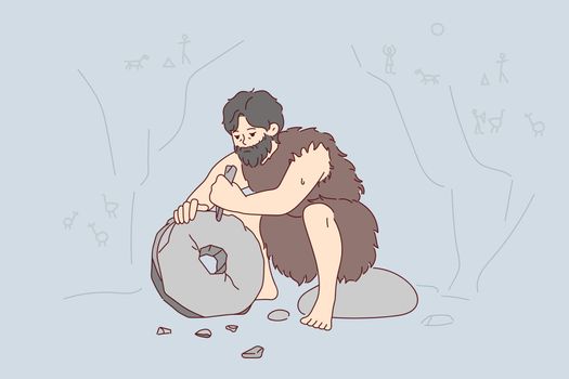 Ancient man with beard who lives in cave uses stone tool to create wheel. Vector image