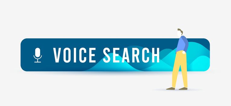 Voice Search - hands-free audio speech recognition technology concept. Sound recognition illustration with search bar and waves. Horizontal vector illustration